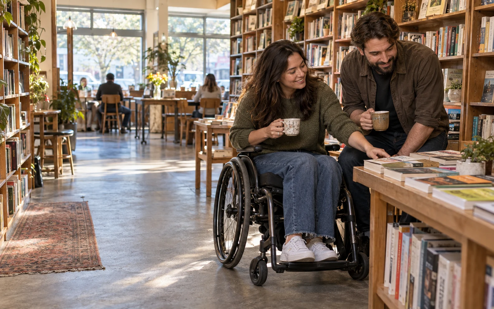 Two adults enjoying books and tea together on an accessible date in a neighborhood bookshop