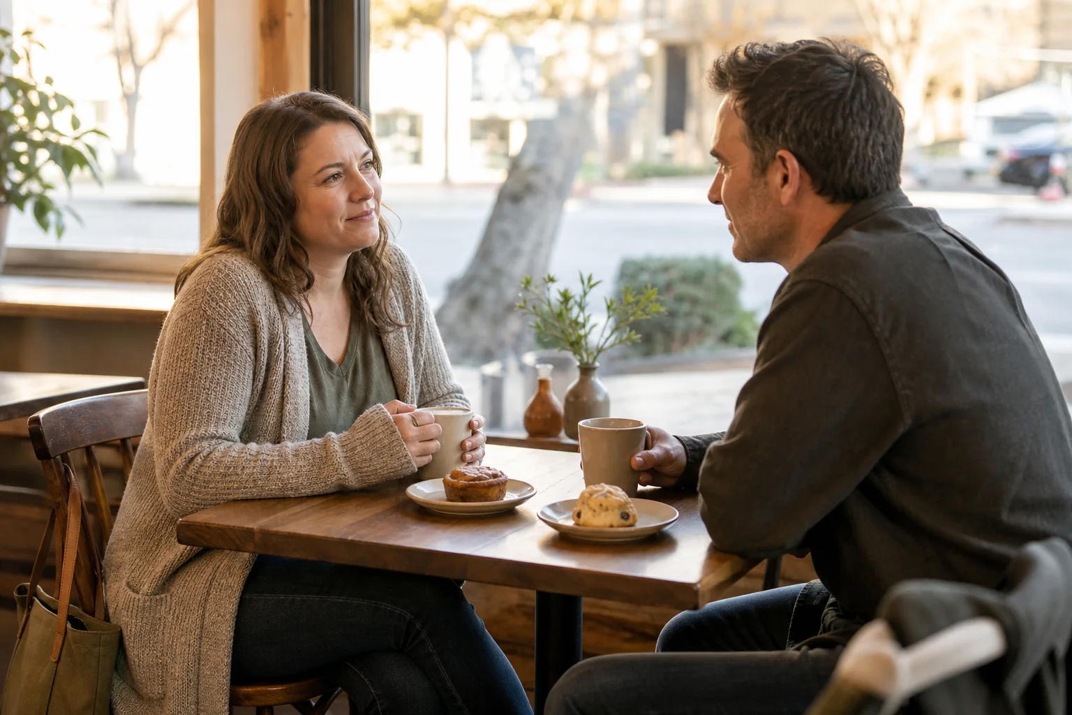 Two adults having tea together at a quiet cafe on a relaxed early date