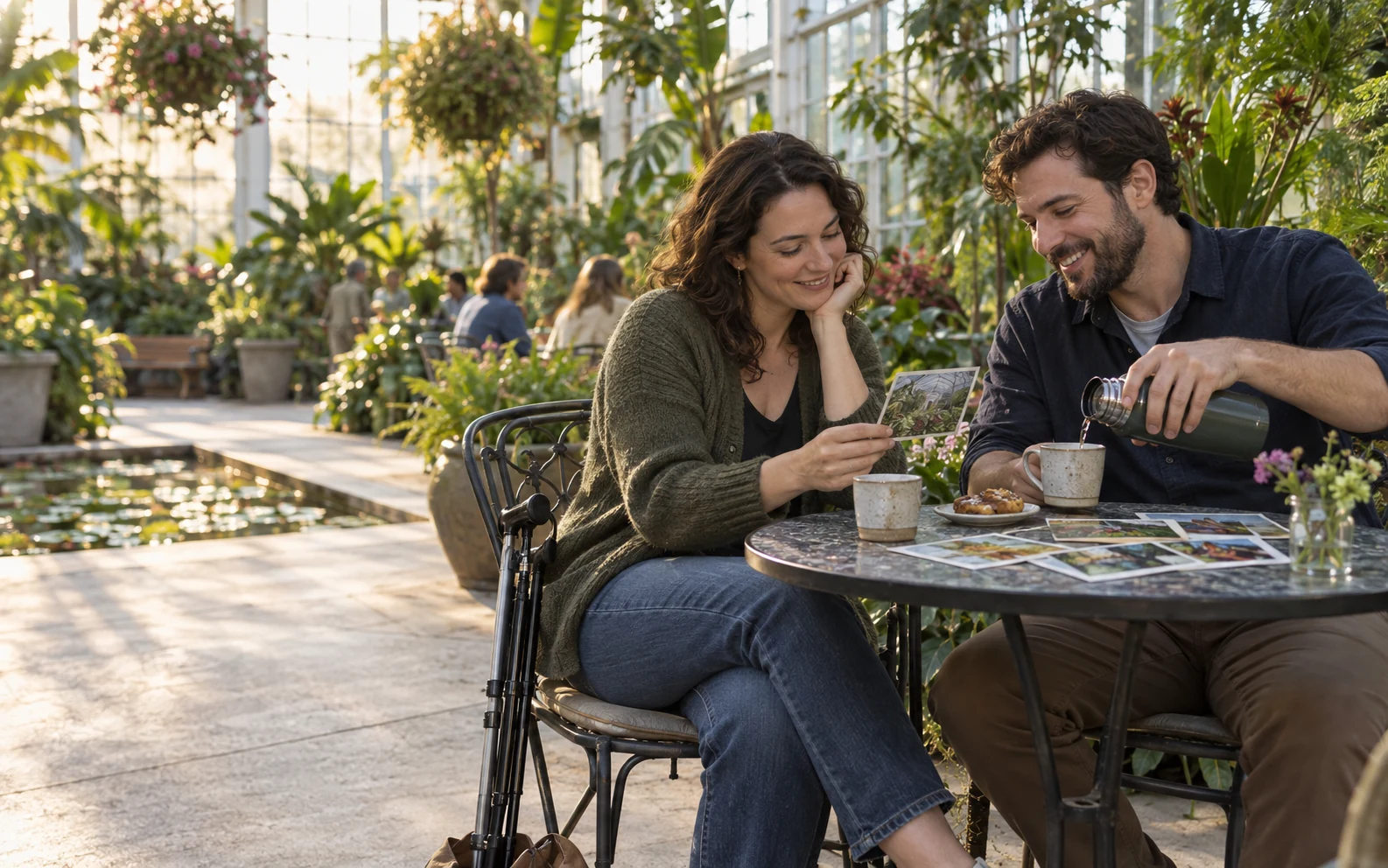 Two adults talking comfortably over tea in a bright greenhouse on a relaxed date