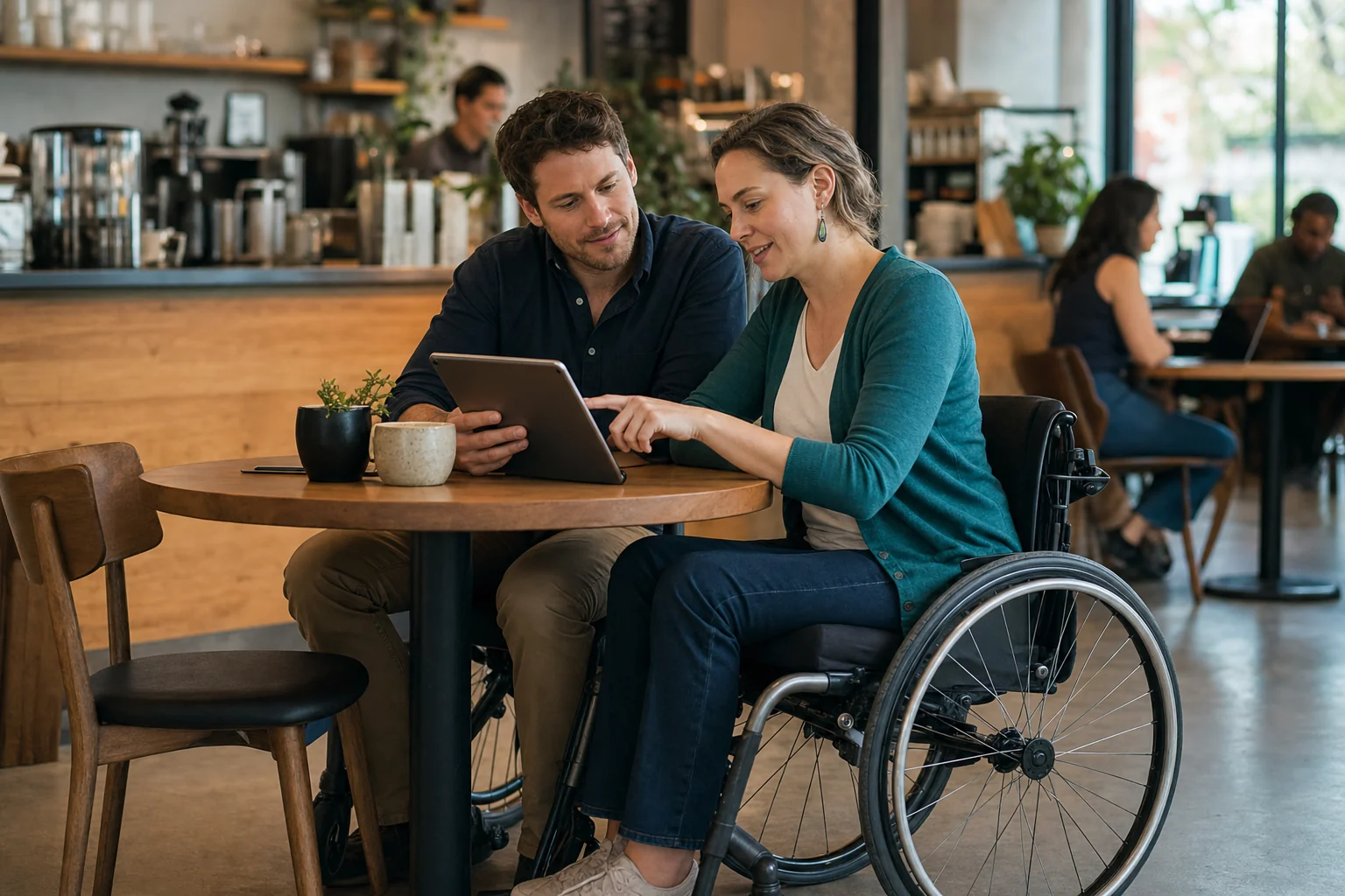 A wheelchair user and a companion comparing dating platforms on a tablet in an accessible café