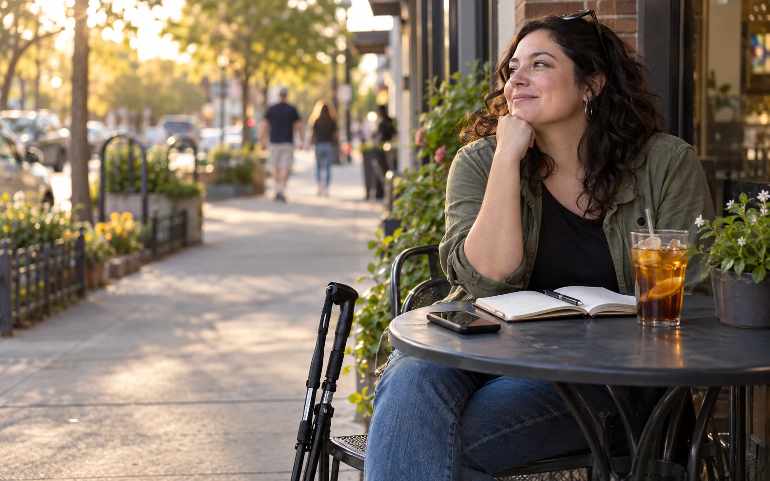 Woman taking a relaxed break from online dating at a neighborhood cafe with her phone face down