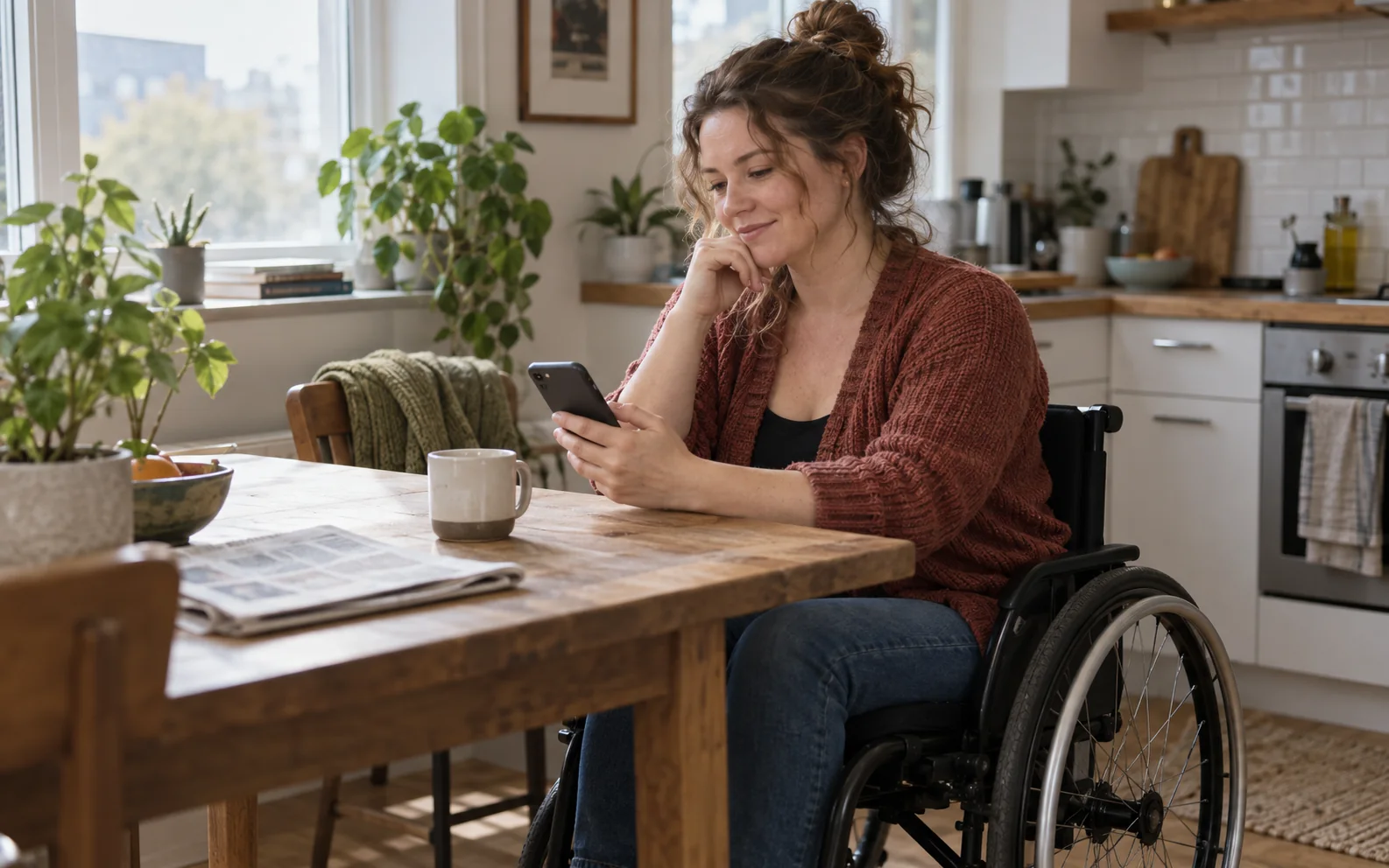 White woman using a wheelchair at her kitchen table, considering a message on her phone beside a mug and newspaper