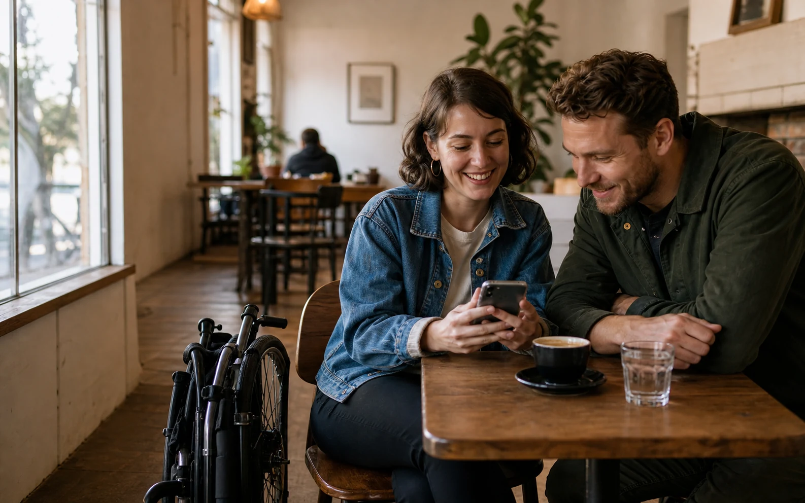 Two adults looking at a dating profile together in a relaxed coffee shop