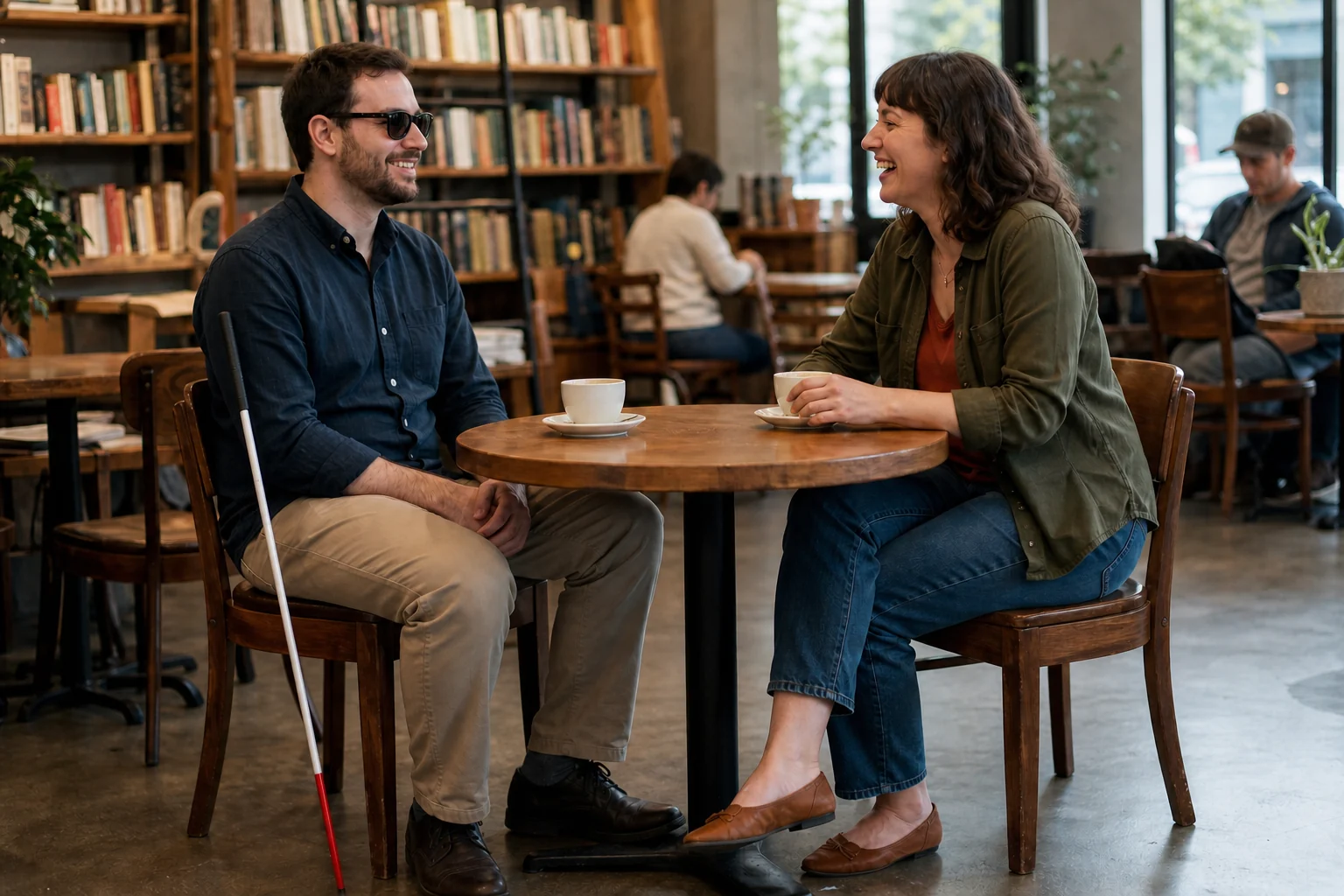 A blind man and a woman enjoying a relaxed first date in an accessible bookstore café