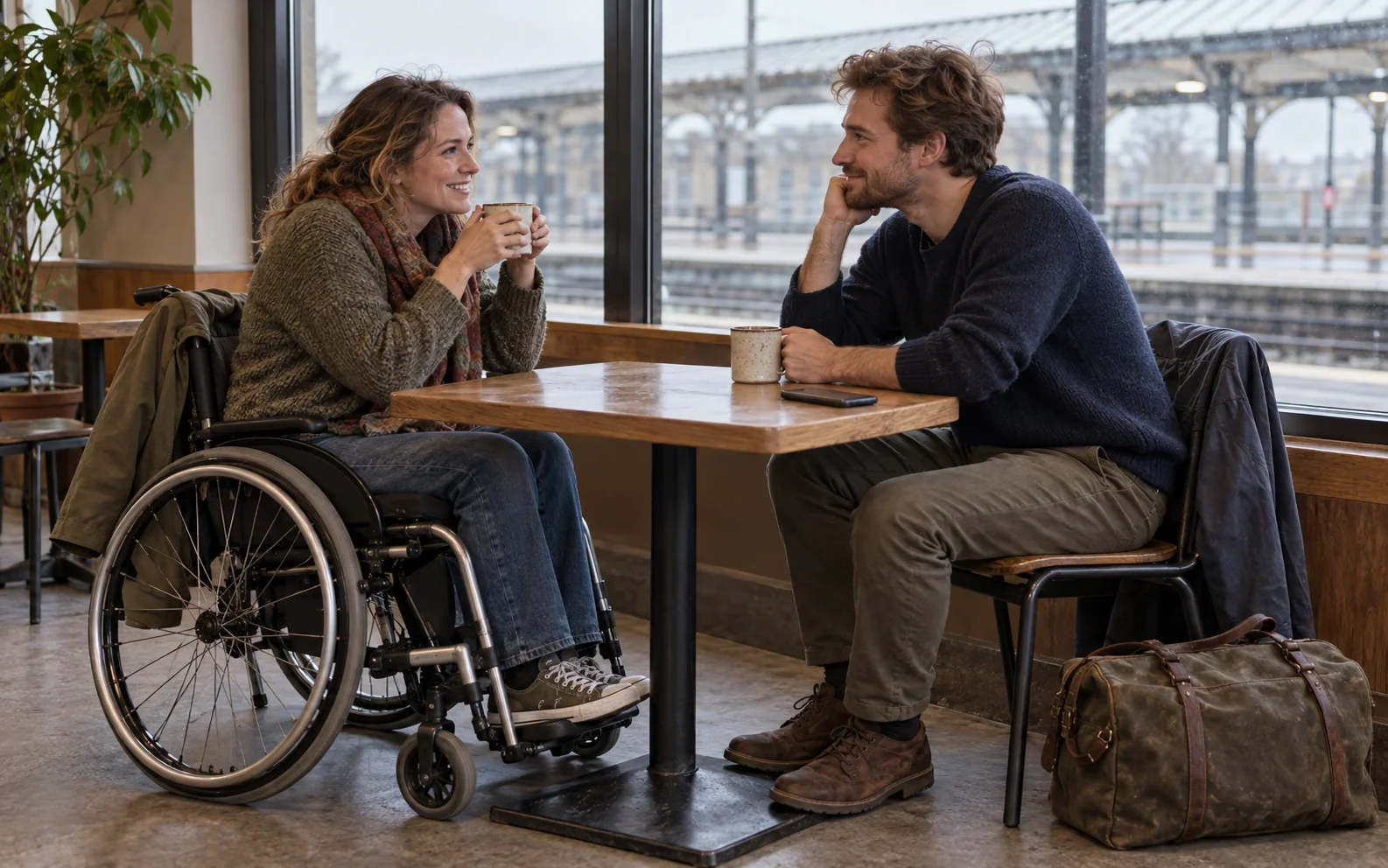 A couple sharing coffee beside a railway platform, with a wheelchair and a weekend bag at their table