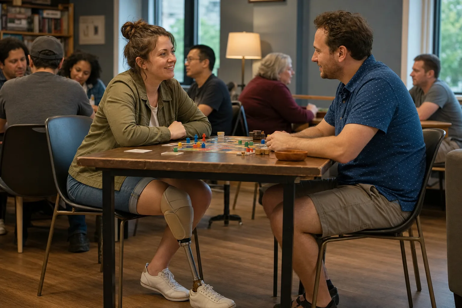 A woman with a leg prosthesis and a man talking at a community board-game event