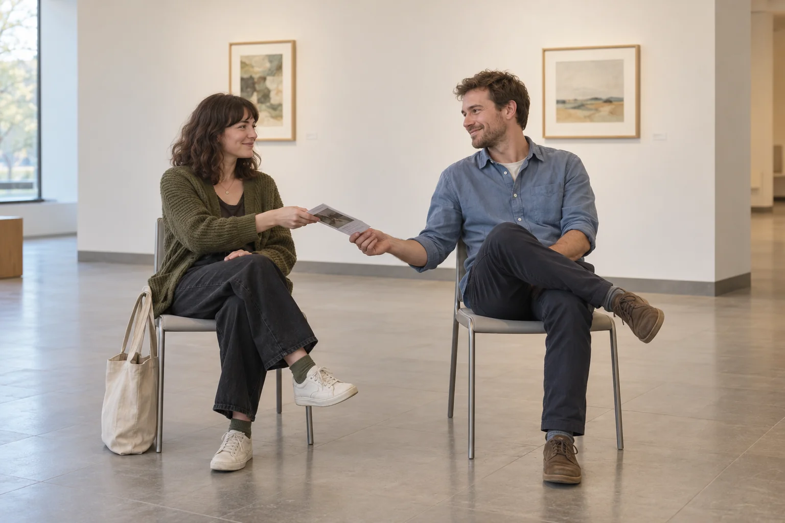 Two adults sharing an exhibition leaflet while seated apart in a softly lit gallery; illustrative image