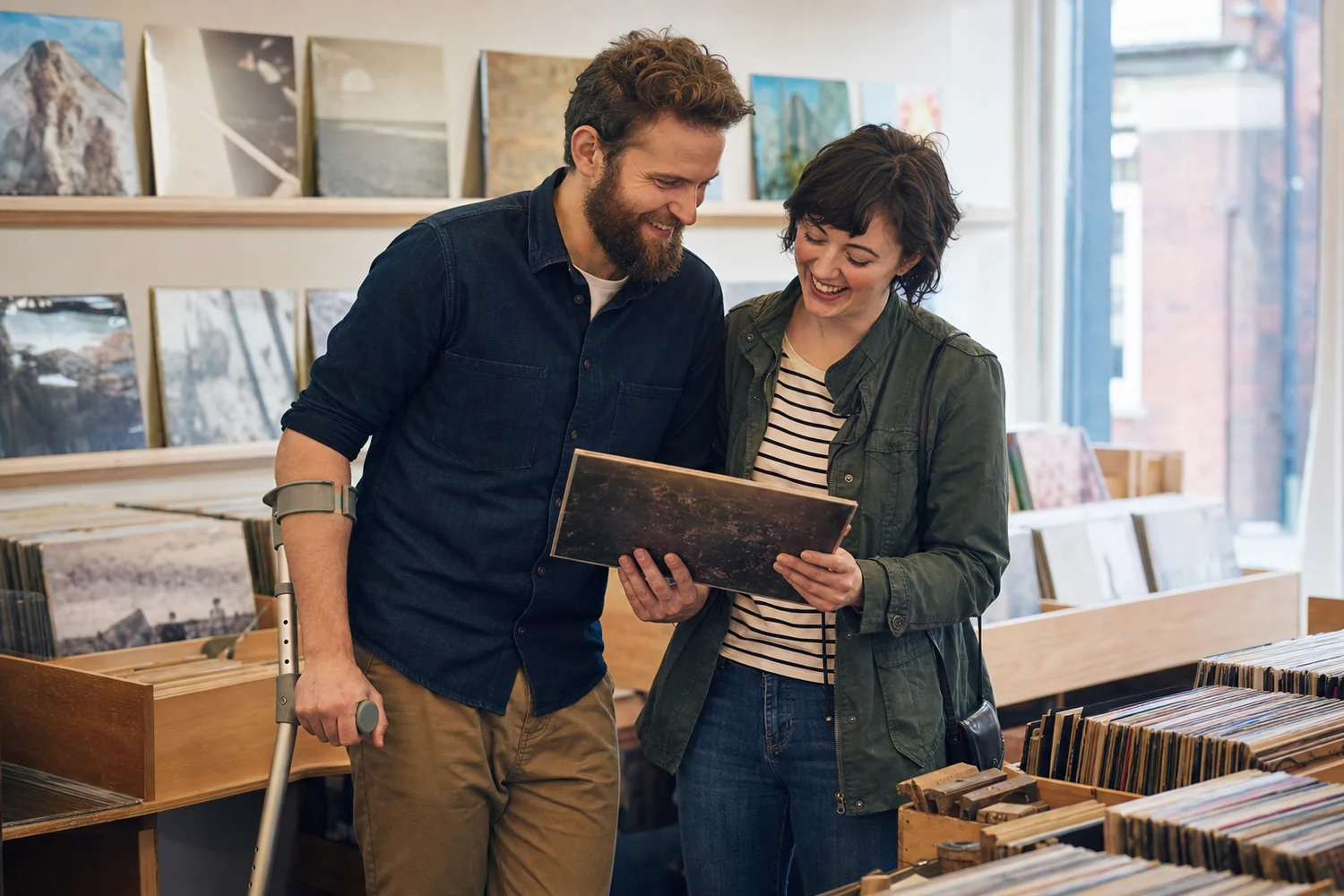 A couple enjoying an album together in an independent record shop, with one partner using a forearm crutch