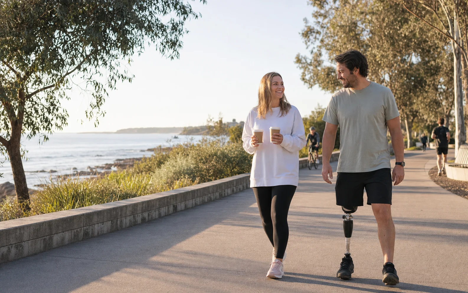 An Australian couple walking along an accessible coastal path, with one partner using a below-knee prosthetic leg
