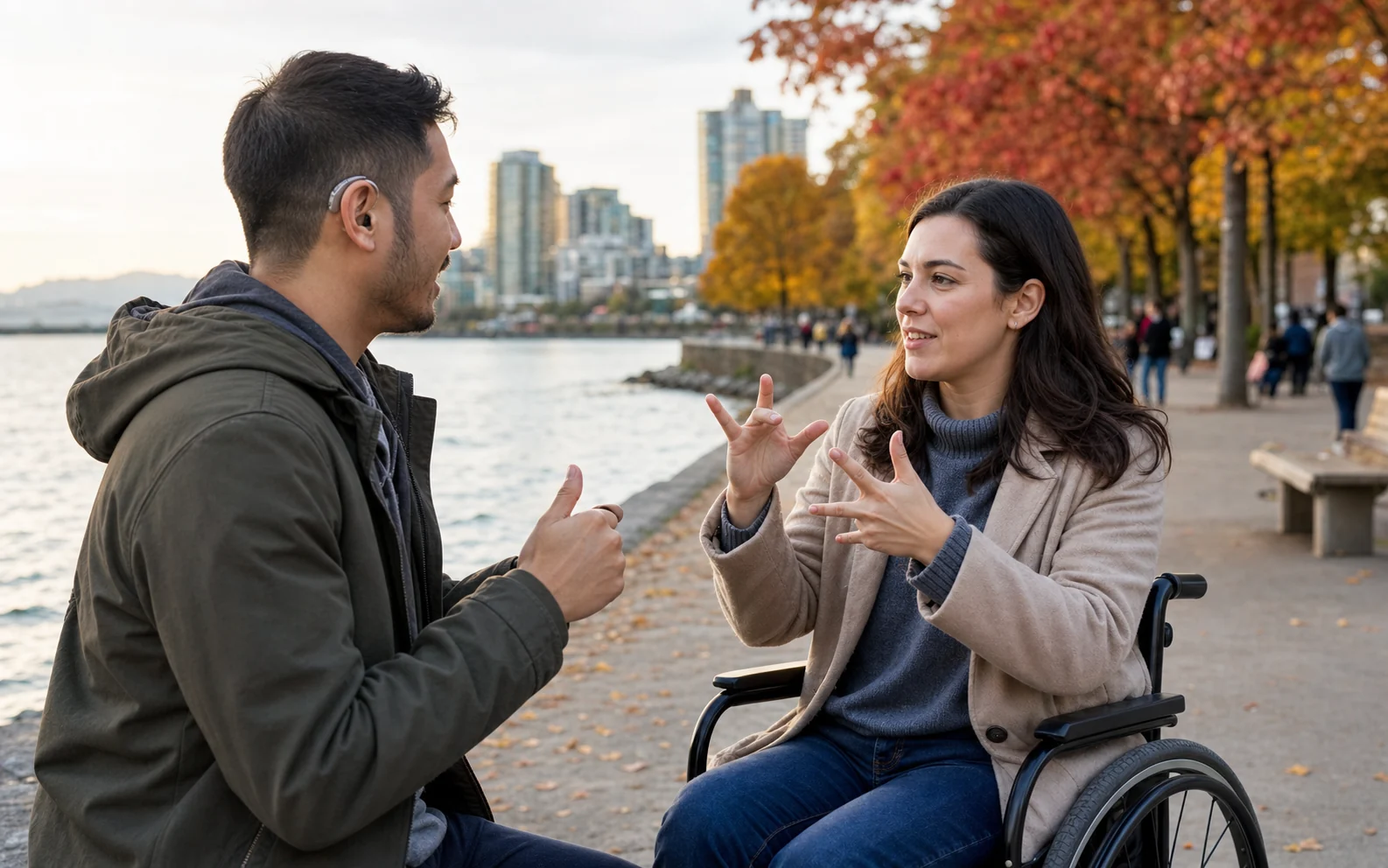 A Canadian couple using sign language on an accessible waterfront path in autumn, with one partner using a wheelchair