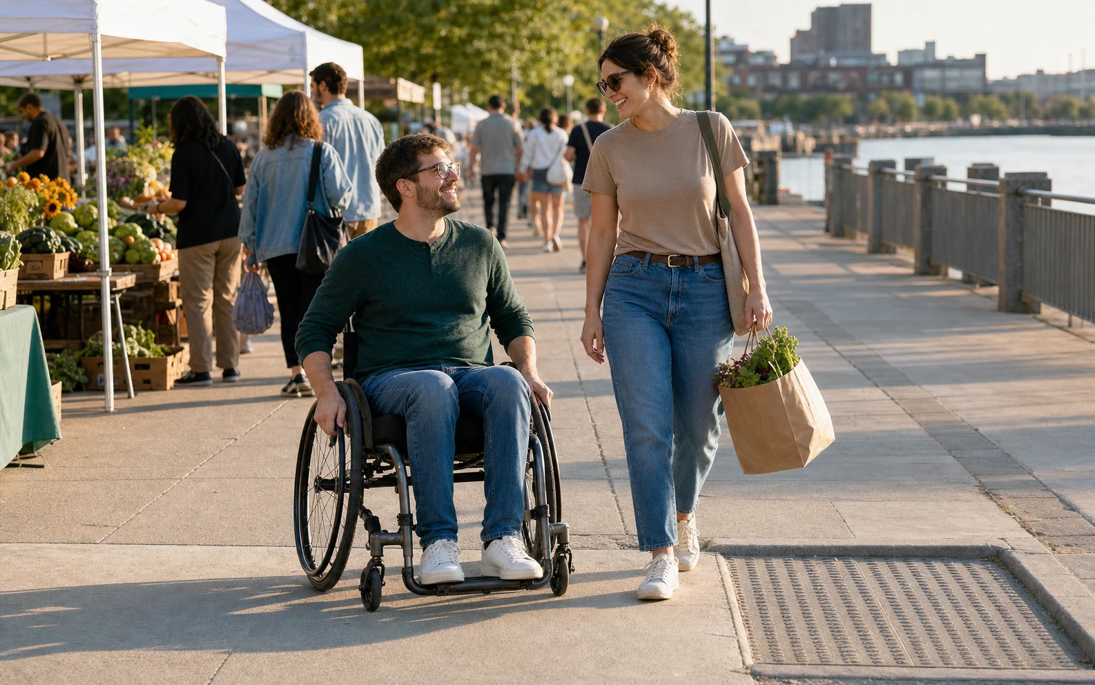 An American couple at an accessible riverside market, with one partner using a manual wheelchair