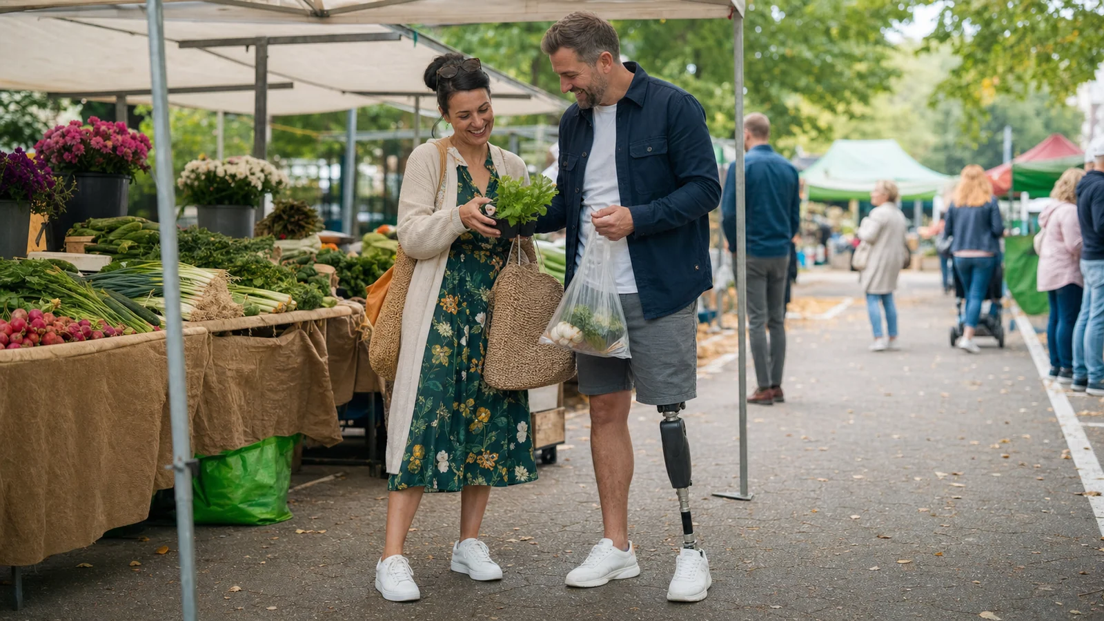 A couple talking at an outdoor market, with one partner wearing a below-knee prosthesis