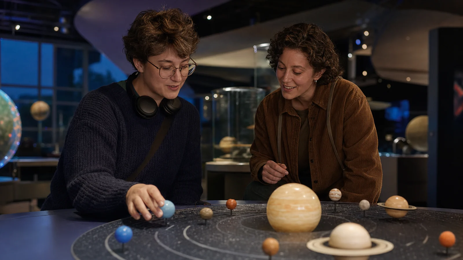 A couple at a calm planetarium exhibit, with one partner wearing noise-reducing headphones