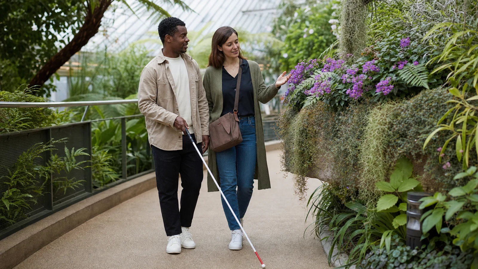 A couple walking through a botanical conservatory, with one partner using a white cane
