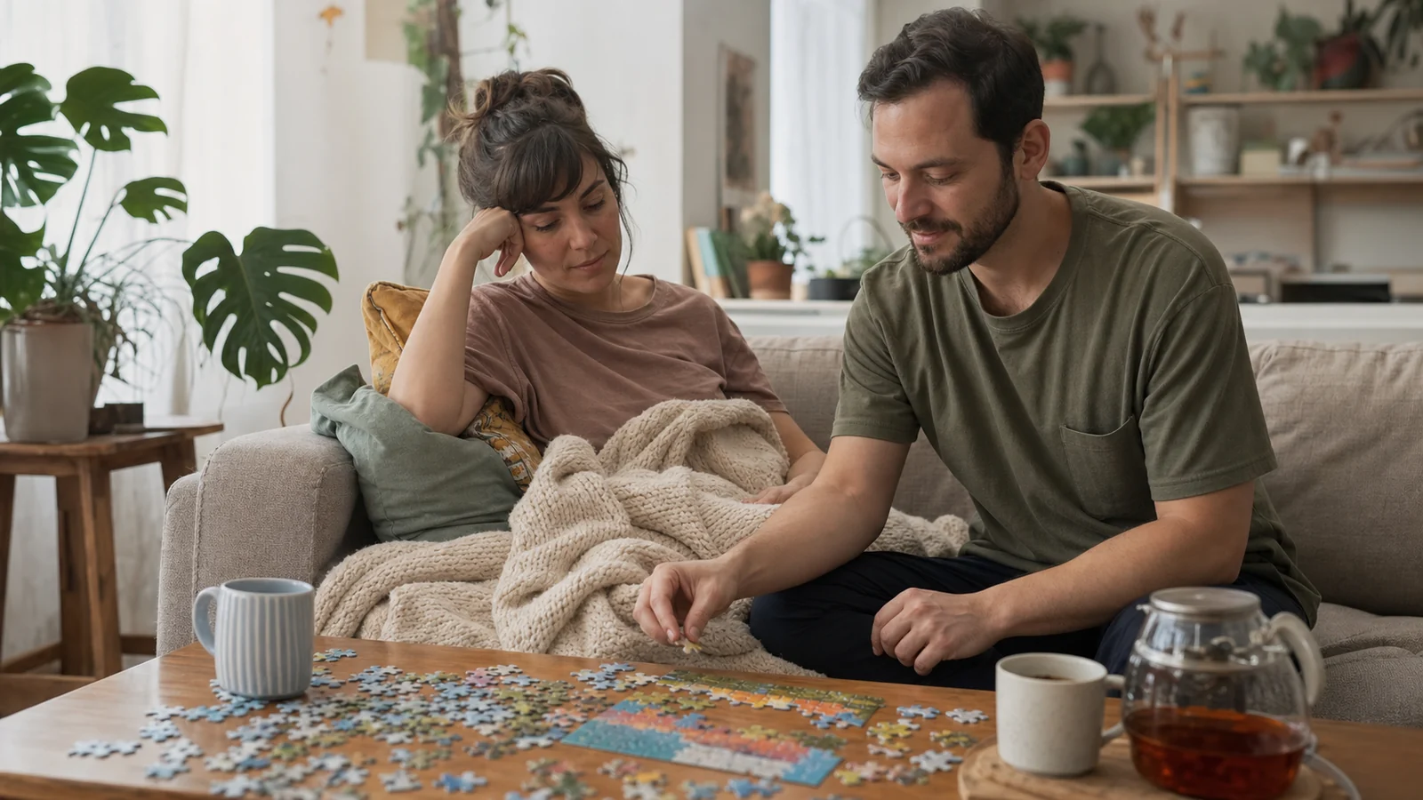 A couple sharing tea and a puzzle during a relaxed date at home