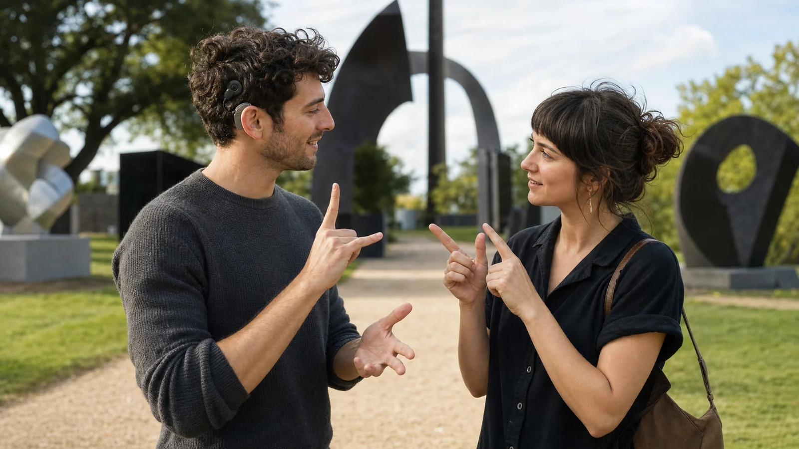 A couple using sign language in a sculpture garden, with one partner wearing a cochlear implant