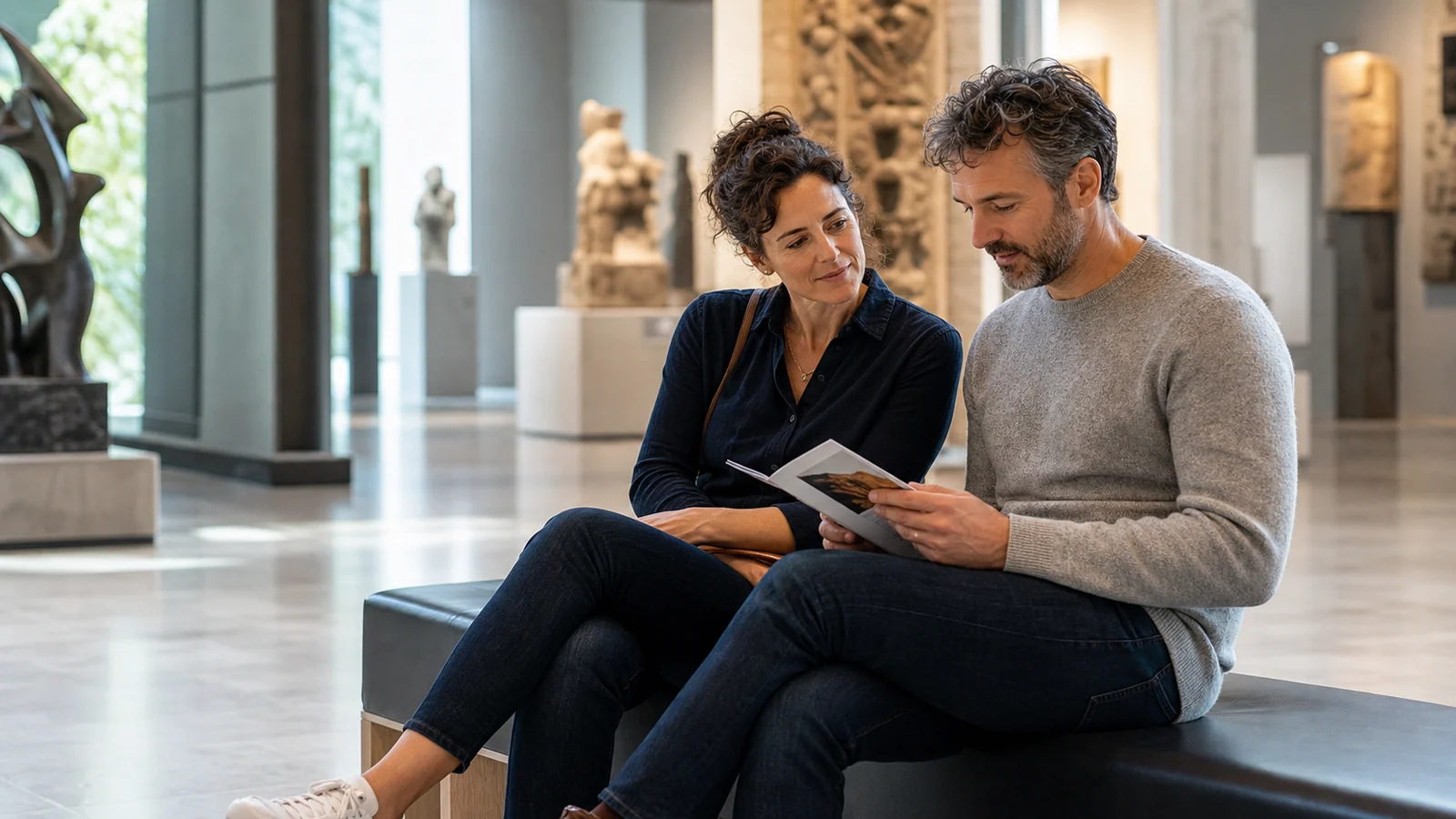 A couple talking on a quiet museum bench with no visible disability cue