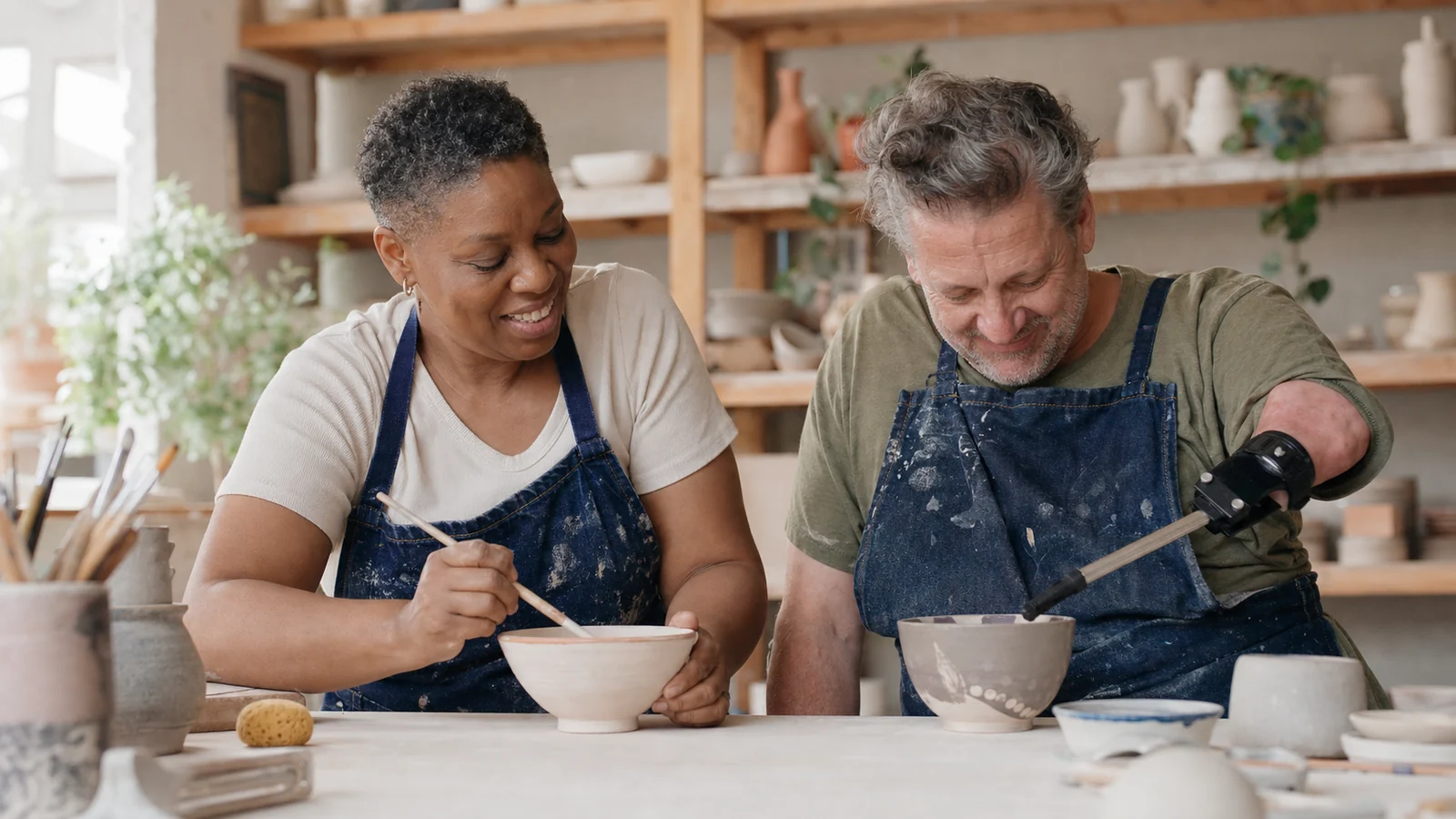 An older couple enjoying a ceramics studio date, with one partner using an adaptive grip tool