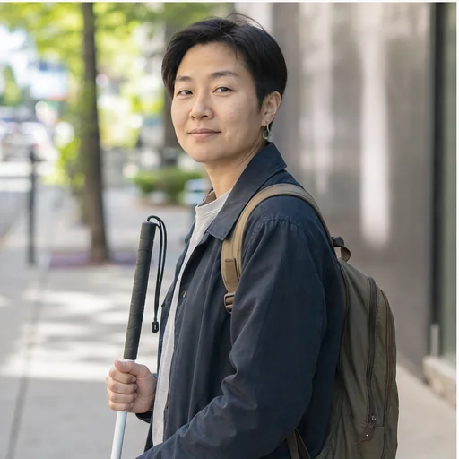 Alex on a city street holding a white cane
