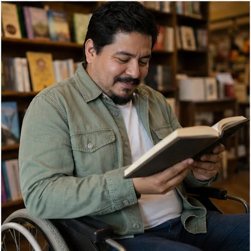 Marco reading a book in a local bookshop