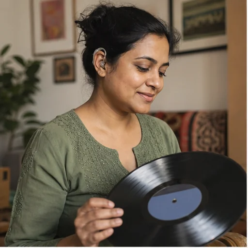 Maya enjoying a vinyl record at home